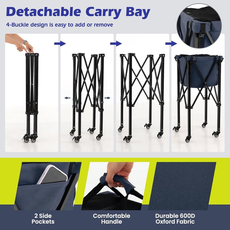 GYMAX Tennis Ball Hopper, Folding 150 Tennis Ball Holder Cart with Carry Bag, Easy Assembly Frame, Removable Bag & 4 Universal Wheels, Portable Durable Tennis Ball Basket for Ball Pickup - Image 4